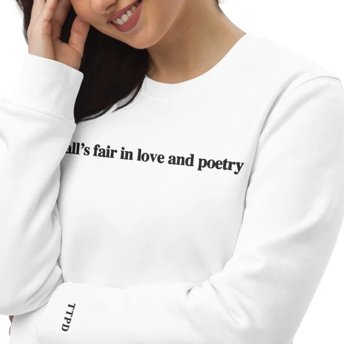 Woman wearing Taylor Swift's New Album TTPD All's Fair in Love and Poetry Sweatshirt