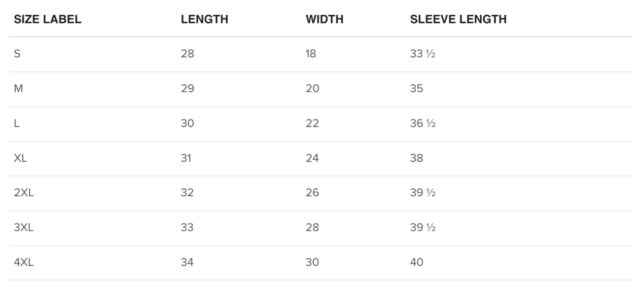 Long Sleeve Shirt Size Guide