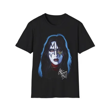 Black Ace Frehley Shirt featuring a colorful illustration of a long-haired person with dramatic face paint, evoking a rock band vibe. Finished with a white signature and the year 1979 below the portrait.