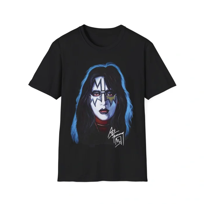 Black Ace Frehley Shirt featuring a colorful illustration of a long-haired person with dramatic face paint, evoking a rock band vibe. Finished with a white signature and the year 1979 below the portrait.