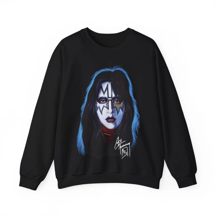 Black Ace Frehley Shirt featuring a colorful illustration of a person with long blue hair and dramatic white and black face paint, rock musician style, with a signature at the bottom right of the design.