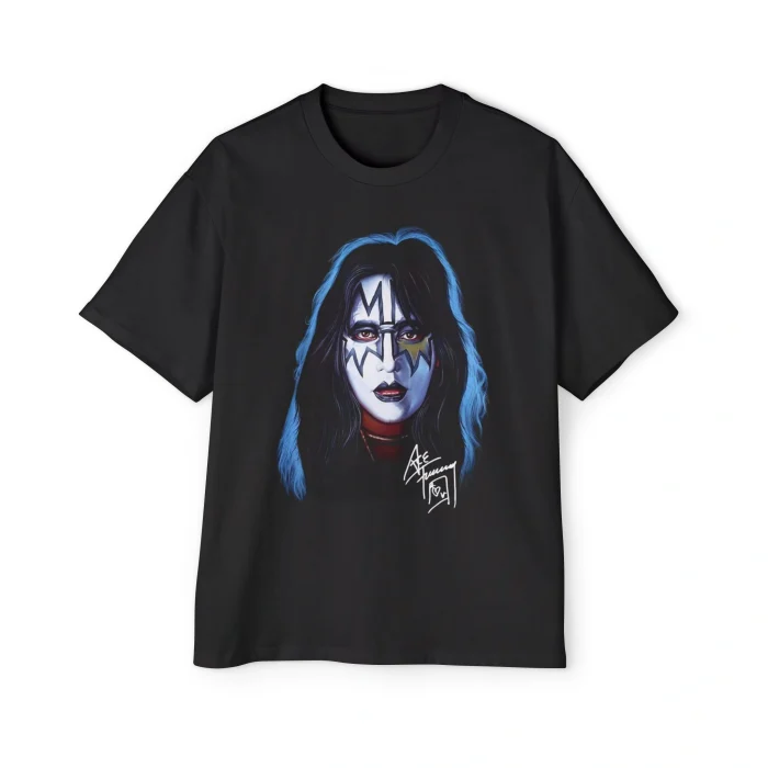 Black Ace Frehley Shirt featuring a colorful graphic of a long-haired person with dramatic blue, black, and white face makeup, plus signature-style text near the image’s bottom right.