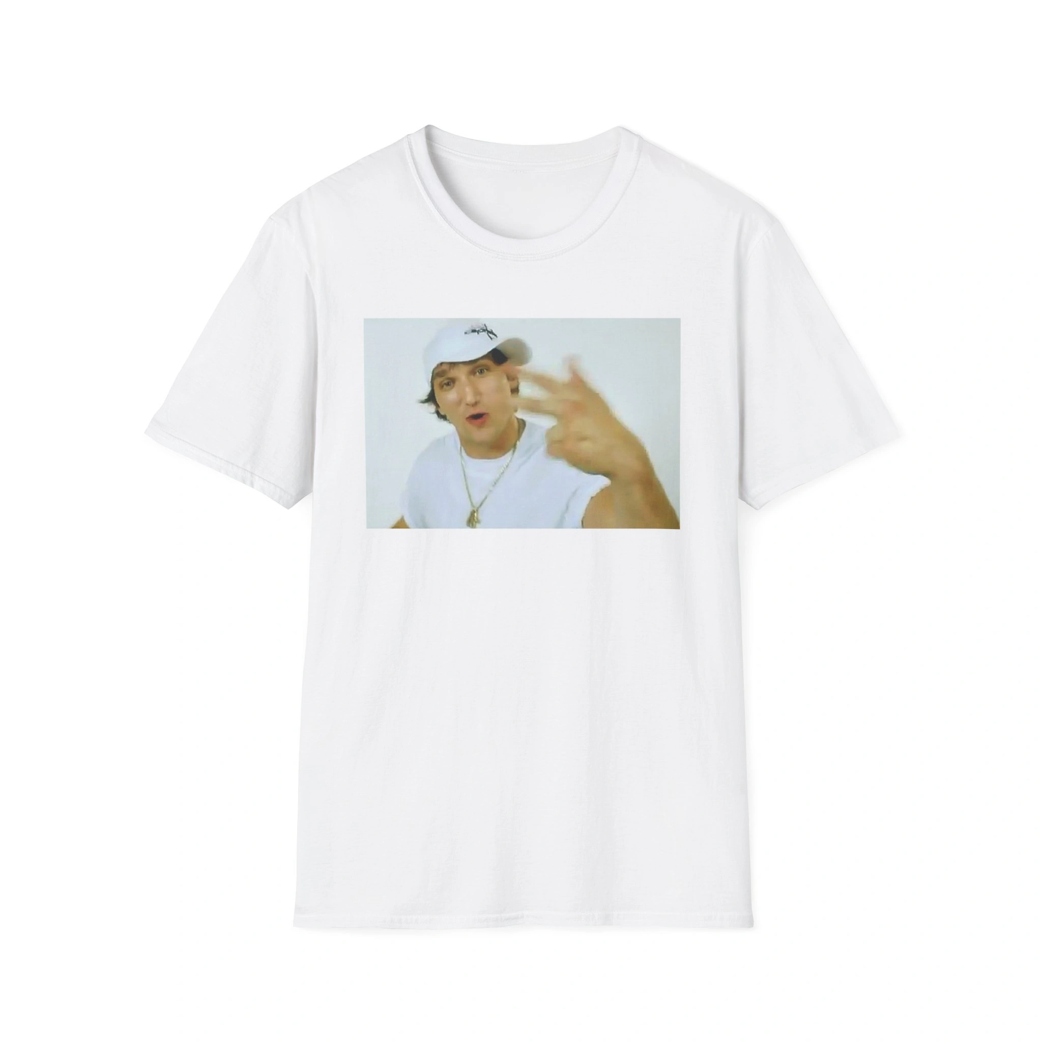 The Alex Ovechkin Rapping Shirt is a white tee with an image of a young man in a white cap, shirt, and gold chain, posing in front of a plain background, and the phrase "God Forbid A White Boy Get A Lil Motion. The Alex Ovechkin Rapping Shirt is a white tee with an image of a young man in a white cap, shirt, and gold chain, posing in front of a plain background, and the phrase "God Forbid A White Boy Get A Lil Motion.