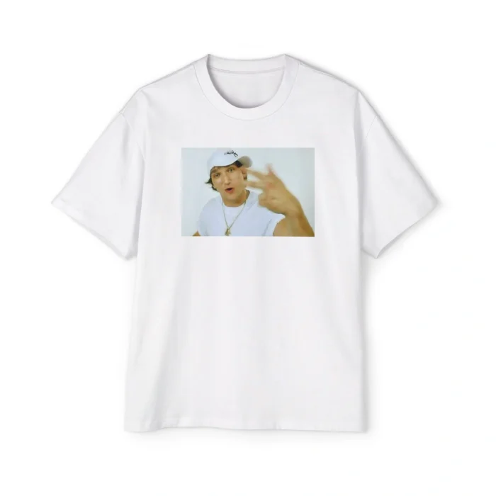 White t-shirt featuring a printed image of a person rapping—perfect for fans of the "Alex Ovechkin Rapping Shirt" trend.