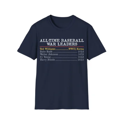 The All-Time Baseball WAR Leaders Shirt in navy features top players and their WAR: Ted Williams (WWII, Korea) 182.6, Babe Ruth 182.6, Walter Johnson 167.6, Cy Young 163.6, Barry Bonds 162.8.