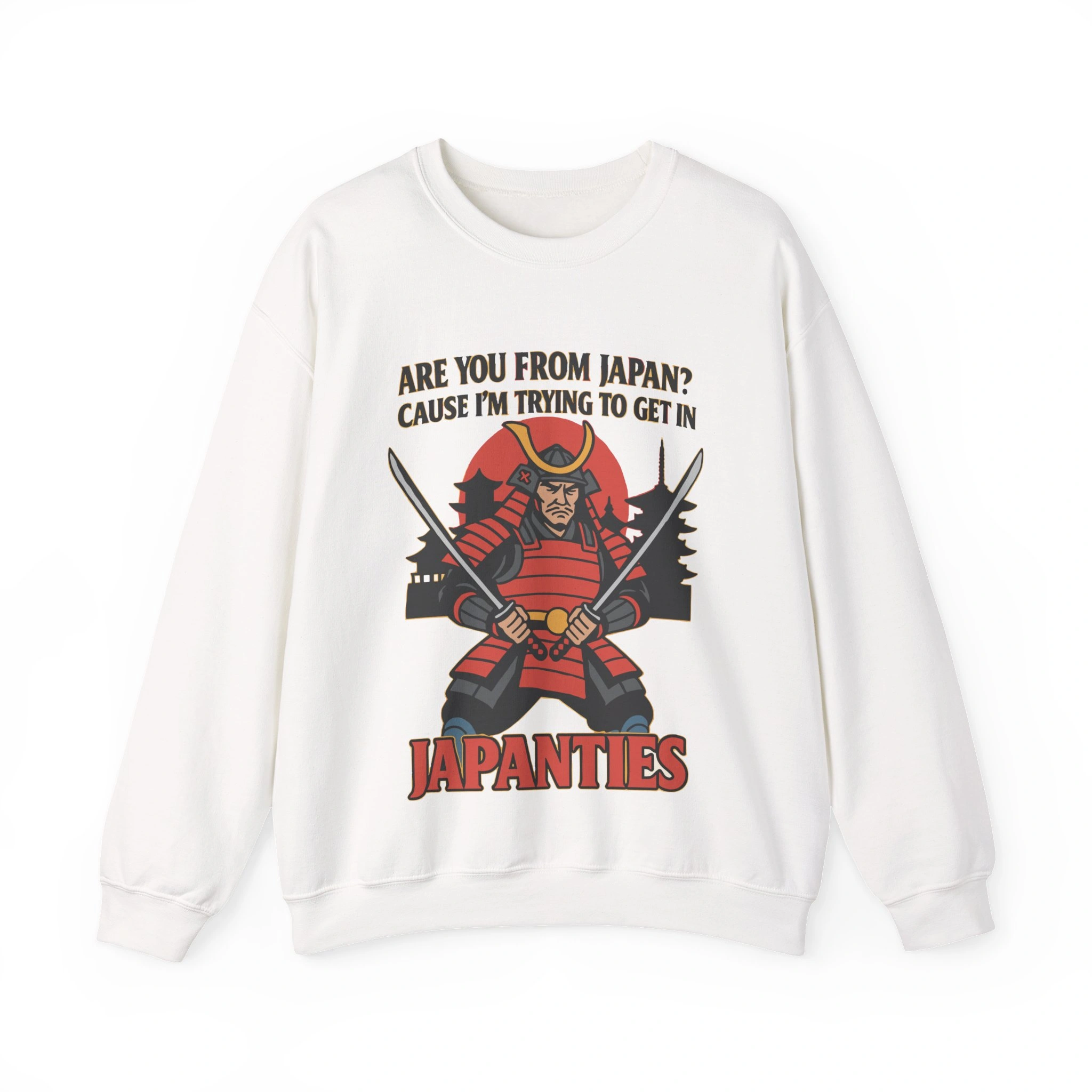 The "Are You From Japan Shirt" is a white sweatshirt with a graphic of a samurai holding two swords in front of a pagoda and bold text that reads, "Are You From Japan? Cause I’m Trying to Get in Japanties. The "Are You From Japan Shirt" is a white sweatshirt with a graphic of a samurai holding two swords in front of a pagoda and bold text that reads, "Are You From Japan? Cause I’m Trying to Get in Japanties.