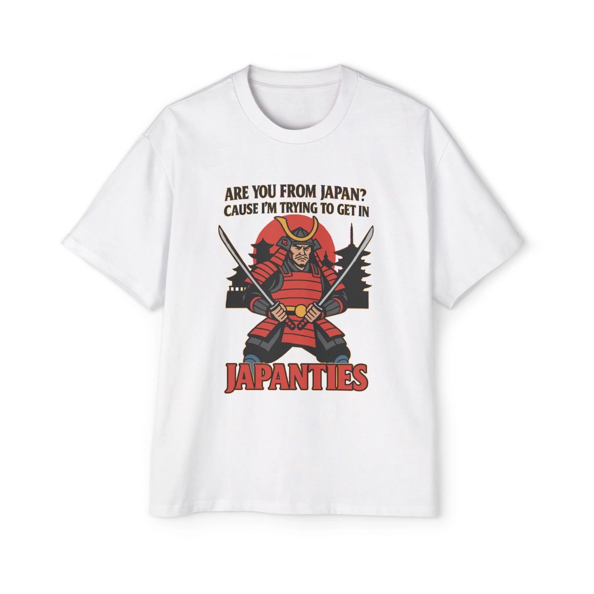 The "Are You From Japan Shirt" is a white tee with a cartoon samurai wielding two swords and the phrase "Are You From Japan? Cause I'm Trying To Get In Japanties," plus pagoda accents for a fun, playful look. The "Are You From Japan Shirt" is a white tee with a cartoon samurai wielding two swords and the phrase "Are You From Japan? Cause I'm Trying To Get In Japanties," plus pagoda accents for a fun, playful look.