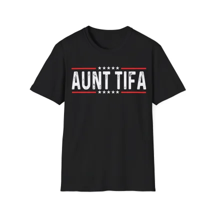 The Aunt Tifa Shirt is black and displays "AUNT TIFA" in bold white letters with white stars and vivid red lines above and below the text.