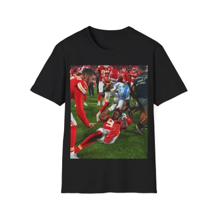 Football brawl moment between Brian Branch and JuJu Smith-Schuster captured on a red-and-blue themed shirt, symbolizing the viral 2025 NFL clash.