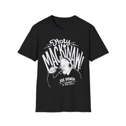 Black “Holy Mackinaw” t-shirt featuring Joe Bowen’s headset illustration and Maple Leafs design, made famous by Easton Cowan’s viral post-game moment.