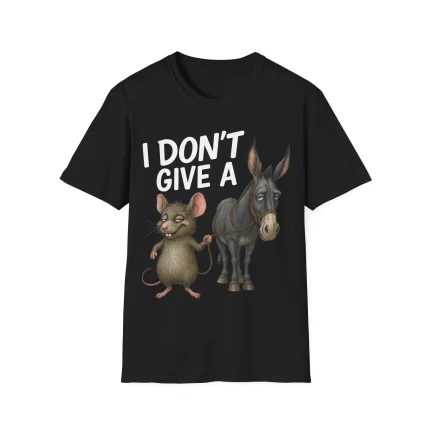Black t-shirt with cartoon rat holding a donkey on a leash under text that reads ‘I DON’T GIVE A.’ Funny animal pun design.