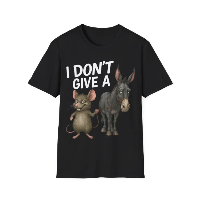 Black t-shirt with cartoon rat holding a donkey on a leash under text that reads ‘I DON’T GIVE A.’ Funny animal pun design.