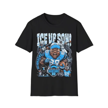 The Ice Up Son Shirt showcases a cartoon football player in a blue uniform, fists raised and shouting, with bold "ICE UP, SON!" text, dynamic graphics, stats, and the number 89 for a standout look.