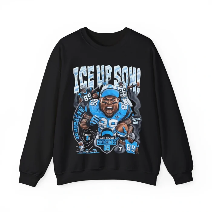 The Ice Up Son Shirt showcases a cartoon football player in a blue #89 uniform holding a football, with "ICE UP SON!" and "STEVE SMITH SR." text and bold, football-themed graphics.