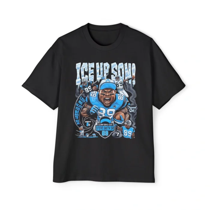 The Ice Up Son Shirt showcases a black tee with an illustrated football player in a blue #89 jersey and helmet, flexing his arms, plus bold “ICE UP SON!” text and vivid blue and white graphics for standout style.