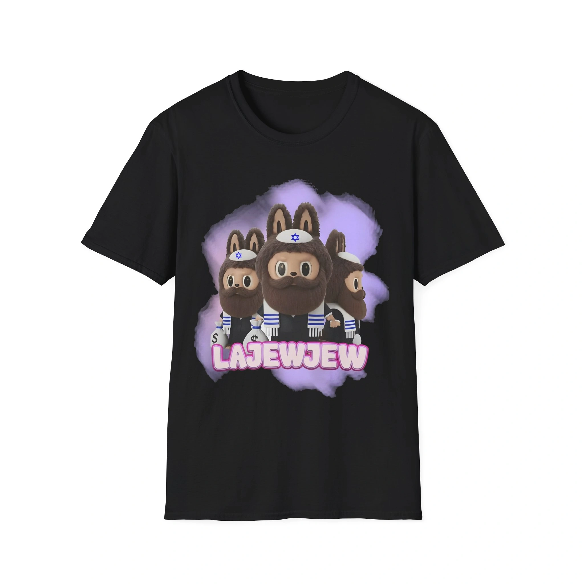 The Lajewjew Shirt is a black t-shirt featuring cartoon characters. The Lajewjew Shirt is a black t-shirt featuring labubu characters.