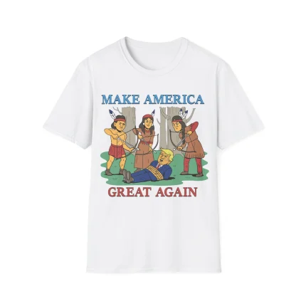 Make a statement with the Make America Great Again Native Americans Shirt, featuring four cartoon Native Americans aiming bows at a tied-up blond man in a suit, and bold red and blue "Make America Great Again" text above and below.