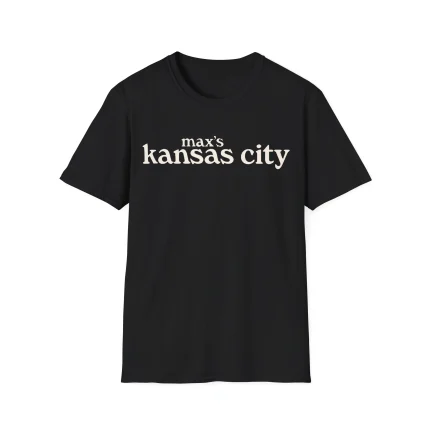 Black t-shirt with vintage white text reading “max’s kansas city,” inspired by New York’s legendary nightclub and Charli XCX’s viral SNL moment.