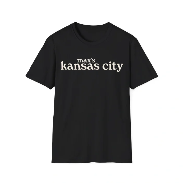 Black t-shirt with vintage white text reading “max’s kansas city,” inspired by New York’s legendary nightclub and Charli XCX’s viral SNL moment.