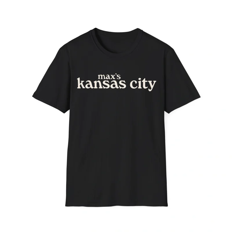 Black t-shirt with vintage white text reading “max’s kansas city,” inspired by New York’s legendary nightclub and Charli XCX’s viral SNL moment.