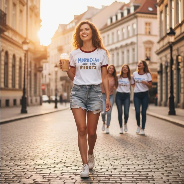 A young woman wearing a Mordecai and the Rigbys Shirt and denim shorts walks confidently on a cobblestone street at sunset, holding a drink, with three friends behind her in matching Mordecai and the Rigbys Shirts.