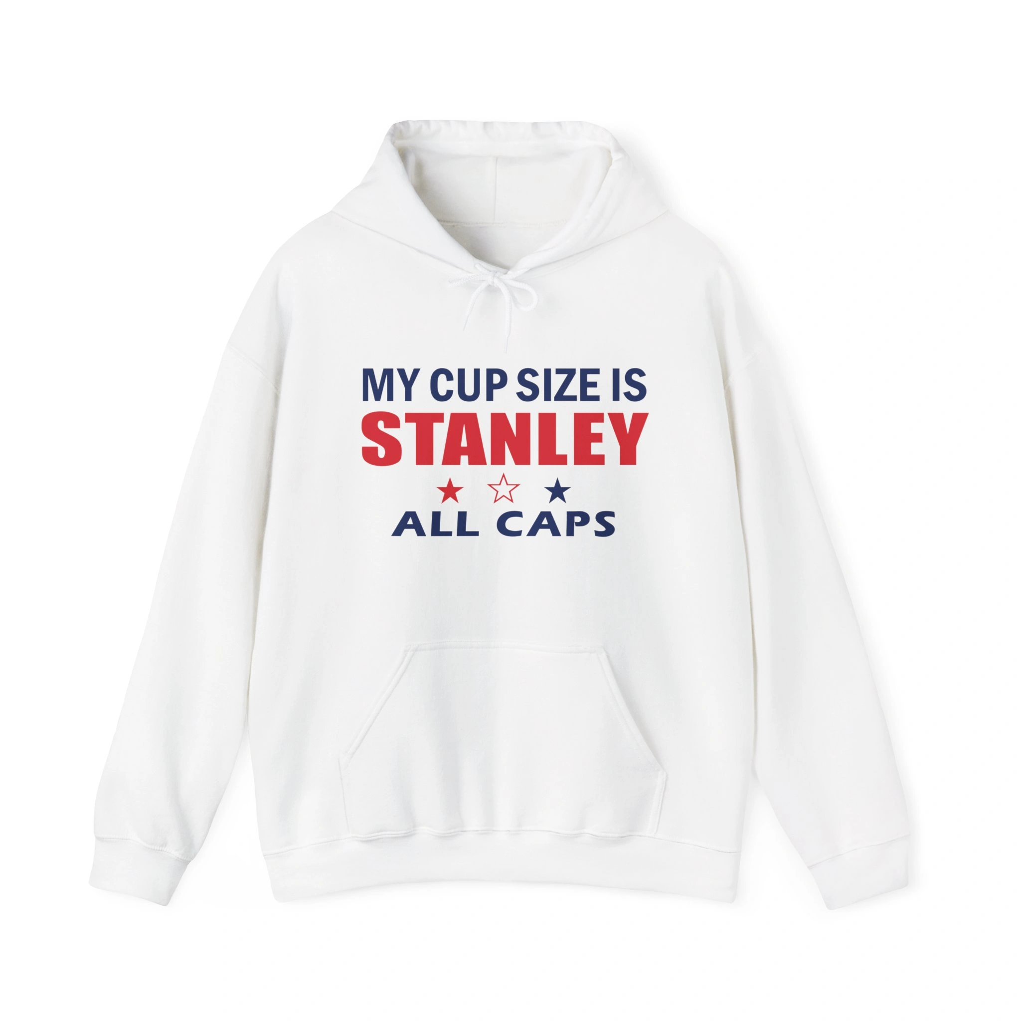 A white "My Cup Size Is Stanley All Caps Shirt" with bold red and blue text, plus stars—perfect to pair with your Never Forget Greek Architecture Shirt. A white "My Cup Size Is Stanley All Caps Shirt" with bold red and blue text, plus stars—perfect to pair with your Never Forget Greek Architecture Shirt.