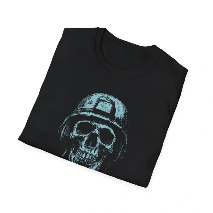 A folded black No More Wars For Israel Shirt with a blue-tinted graphic of a human skull wearing a military helmet on the front.