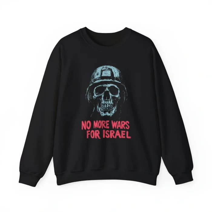 A black sweatshirt with a skull in a helmet, inspired by the No More Wars For Israel Shirt.