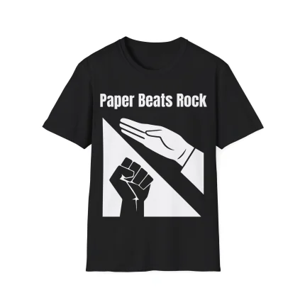 The Paper Beats Rock Shirt displays “Paper Beats Rock” above a hand in a flat paper gesture over a clenched rock fist—ideal for fans of the classic Rock, Paper, Scissors game.