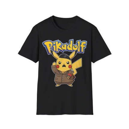 A black Pikadolf Shirt featuring a cartoon character with Louisiana State University in the background, inspired by the bold style of the Make America Great Again Native Americans Shirt.