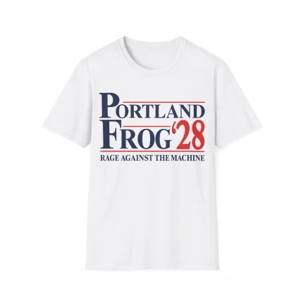 Portland Frog ’28 Shirt design featuring bold navy and red campaign-style text reading PORTLAND FROG ’28 – RAGE AGAINST THE MACHINE on a white background.