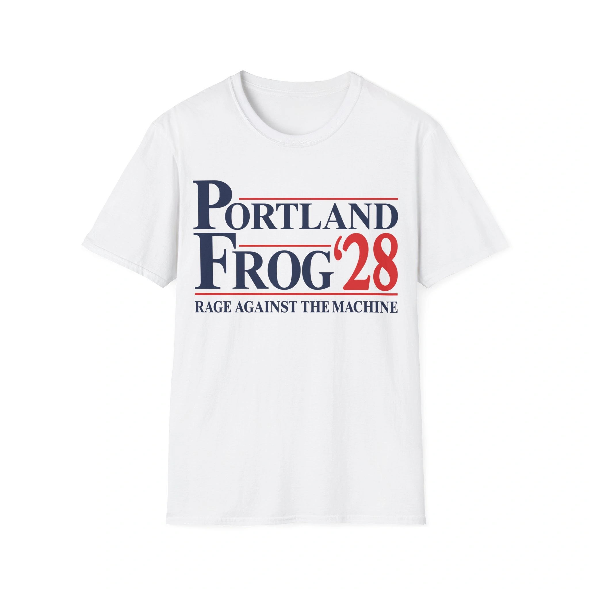portland-frog-28-shirt Portland Frog ’28 Shirt design featuring bold navy and red campaign-style text reading PORTLAND FROG ’28 – RAGE AGAINST THE MACHINE on a white background.