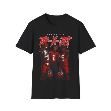 A black RR-X-JET Shirt featuring three football players in red uniforms holding helmets, with "KANSAS CITY RR-X-JET" in bold white and red letters—an ideal pick for dedicated fans.