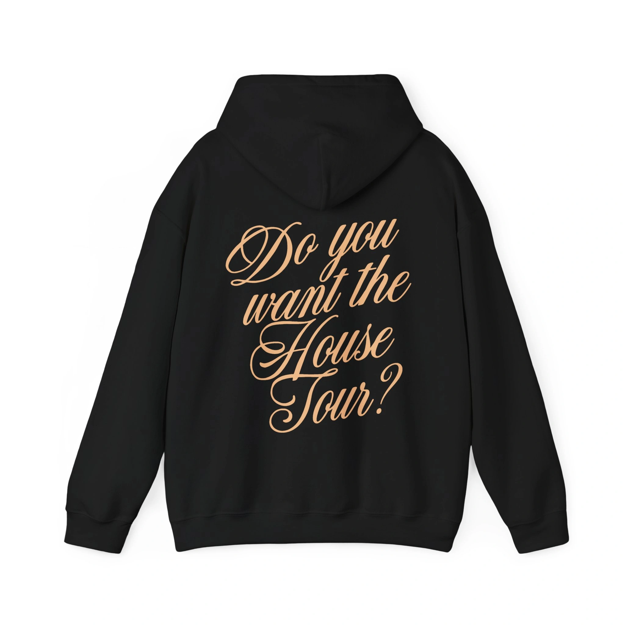 The Sabrina Carpenter House Tour Shirt is a black hoodie featuring tan cursive text on the back that says, "Do you want the House Tour?. The Sabrina Carpenter House Tour Shirt is a black hoodie featuring tan cursive text on the back that says, "Do you want the House Tour?.