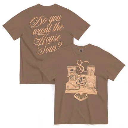 Sabrina Carpenter House Tour Shirt: Brown tee featuring "Do you want the House Tour?" in large script on the back and a front design with illustrated household items, a heart, and "SC" initials above them.