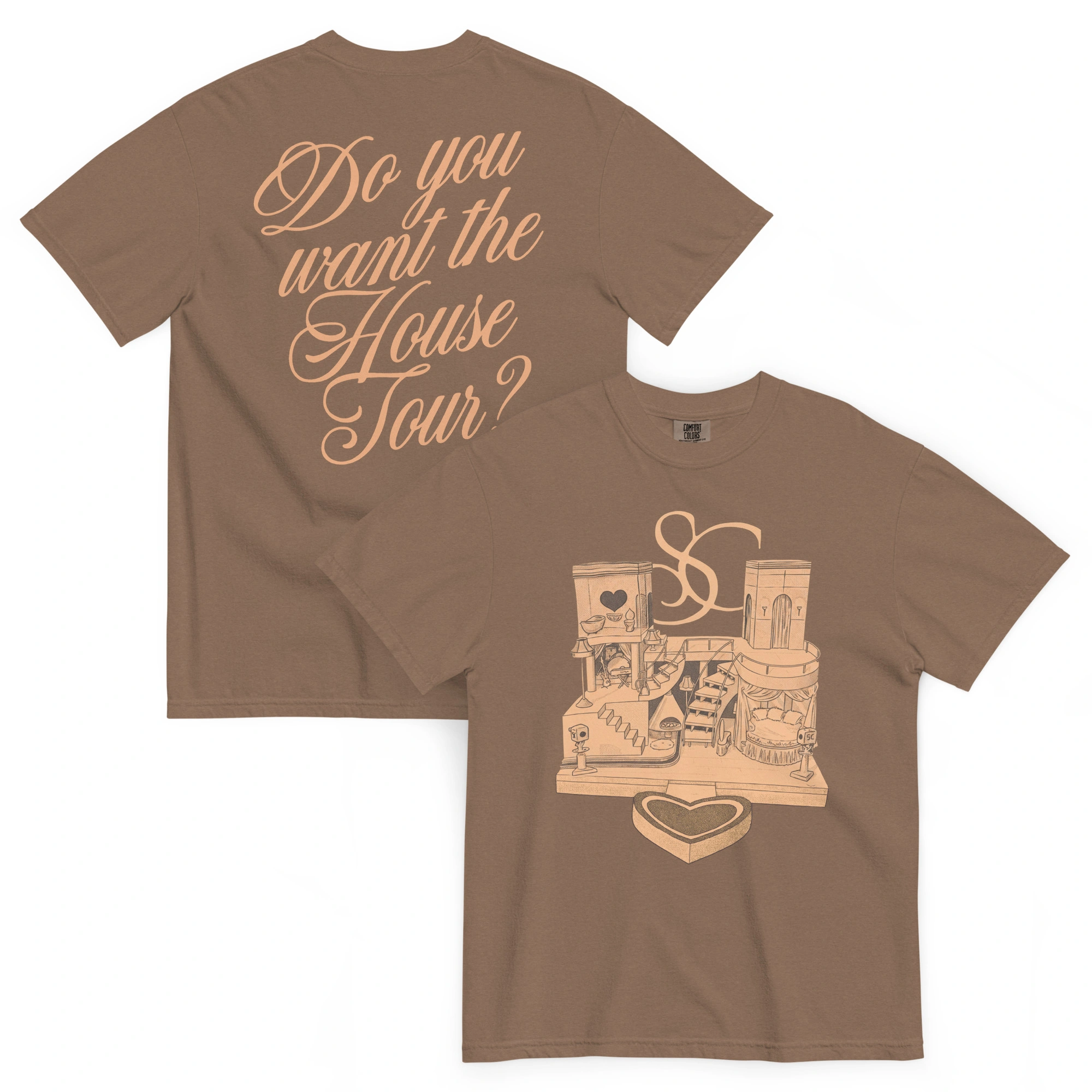 Sabrina Carpenter House Tour Shirt: Brown tee featuring "Do you want the House Tour?" in large script on the back and a front design with illustrated household items, a heart, and "SC" initials above them. Sabrina Carpenter House Tour Shirt: Brown tee featuring "Do you want the House Tour?" in large script on the back and a front design with illustrated household items, a heart, and "SC" initials above them.