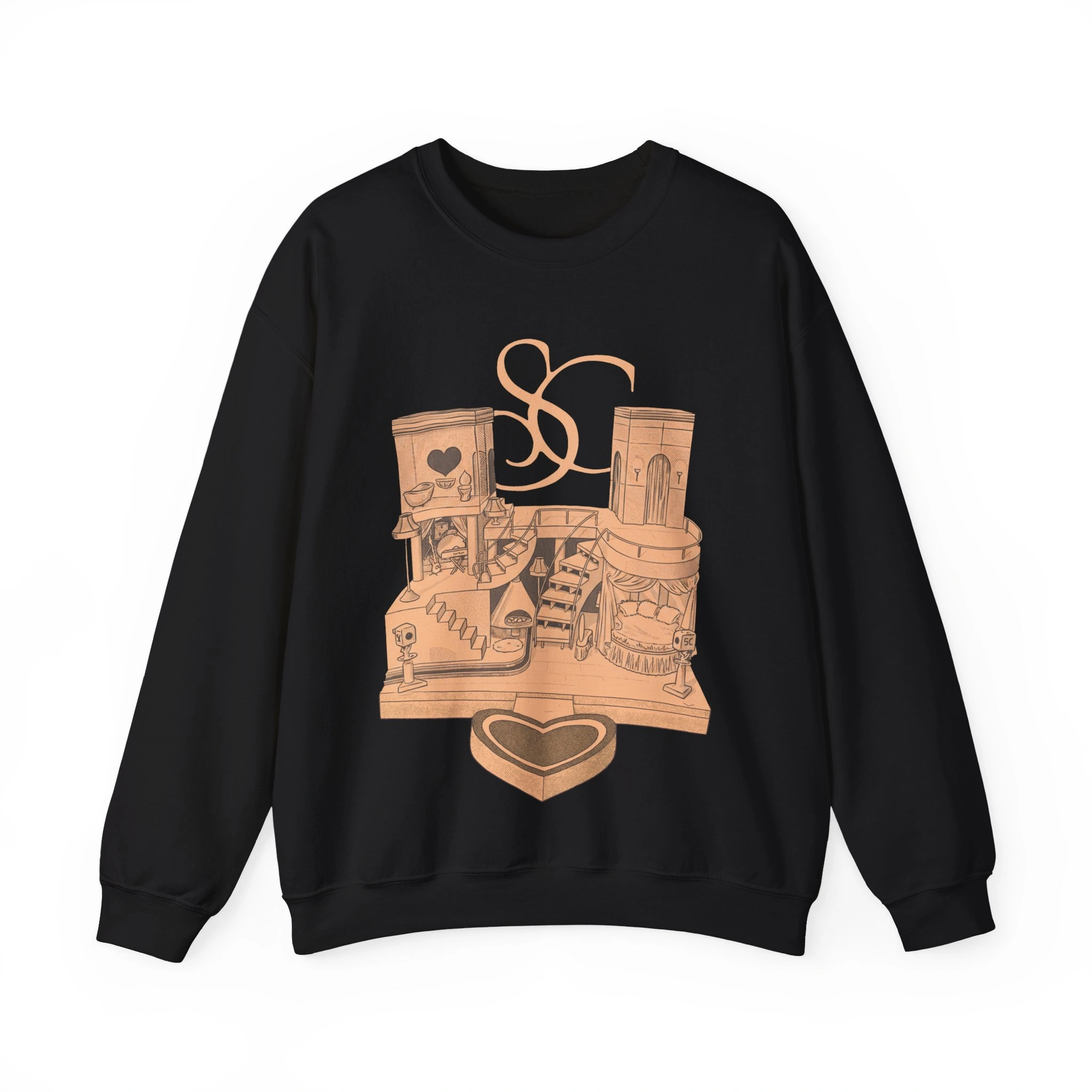The Sabrina Carpenter House Tour Shirt is a black sweatshirt with a tan graphic of paint cans, brushes, a staircase, and a heart-shaped box. Above the design are stylized intertwined SC letters. The Sabrina Carpenter House Tour Shirt is a black sweatshirt with a tan graphic of paint cans, brushes, a staircase, and a heart-shaped box. Above the design are stylized intertwined SC letters.
