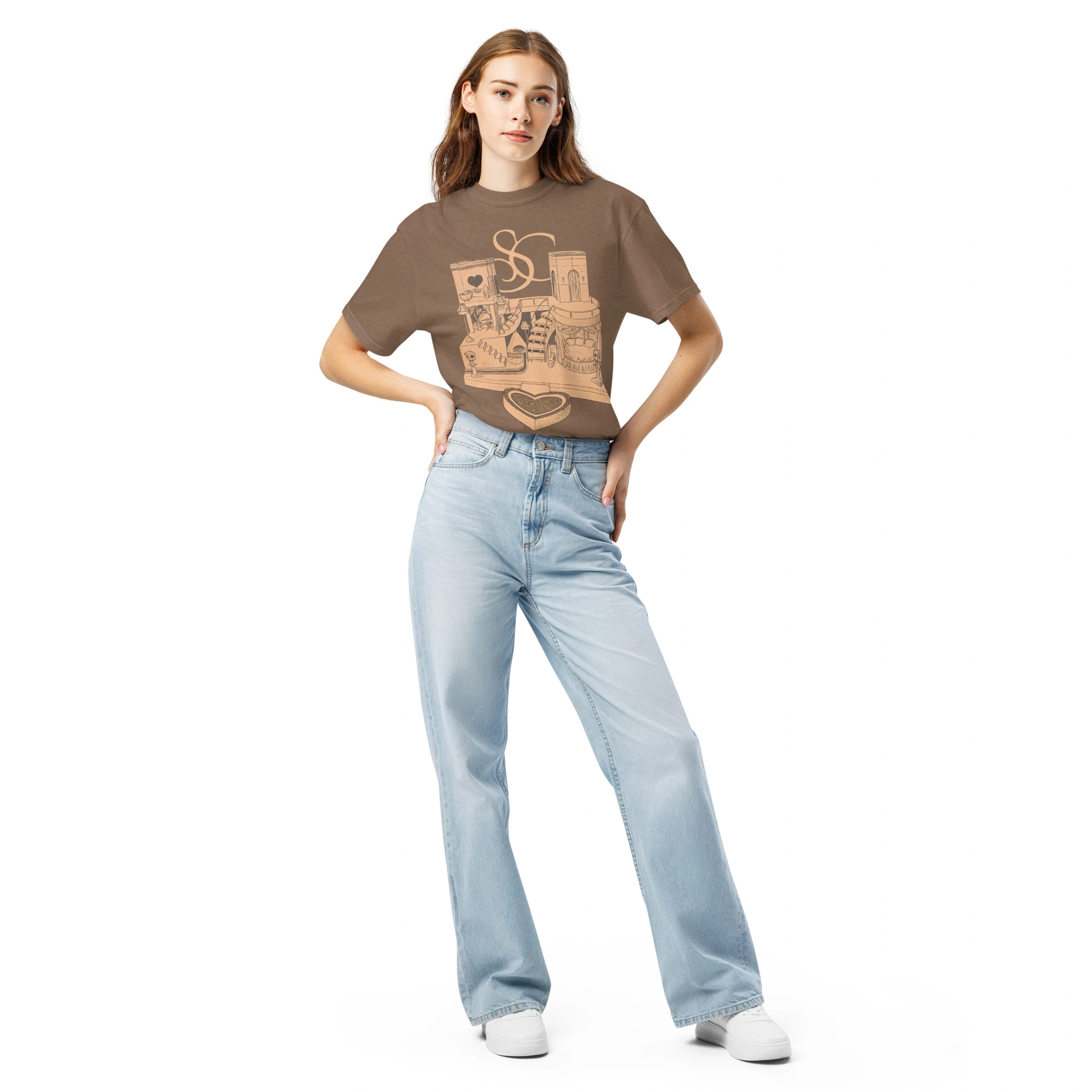 A young woman with long brown hair stands against a white background, wearing the Sabrina Carpenter House Tour Shirt, light blue high-waisted jeans, and white sneakers, with one hand on her hip. A young woman with long brown hair stands against a white background, wearing the Sabrina Carpenter House Tour Shirt, light blue high-waisted jeans, and white sneakers, with one hand on her hip.