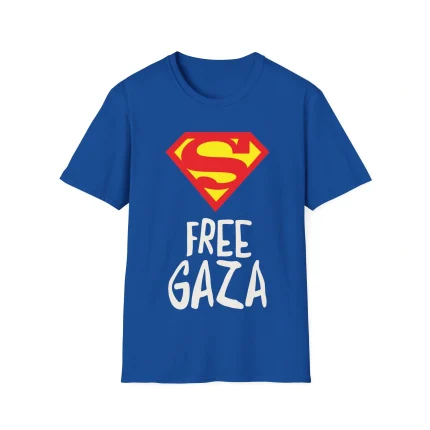The shirt that Mario Ferri is wearing, it's a blue Superman Free Gaza Shirt with red and yellow Superman logo and white FREE GAZA text during Norway–Israel football match protest.