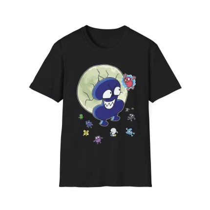 Black t-shirt featuring colorful TPOT and BFDI characters with a glowing moon background, celebrating The Power of Two Episode 20.