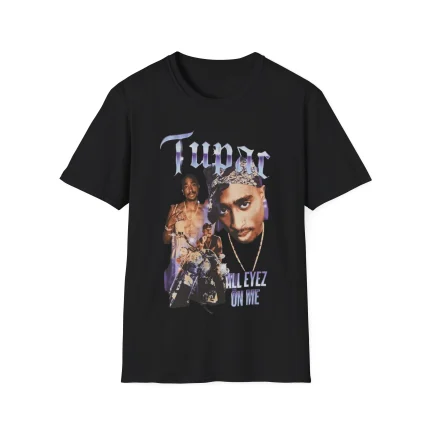 Black Tupac All Eyez On Me Shirt featuring vintage purple collage of 2Pac portraits, as worn by Ross Smith’s viral Gangster Grandma at NFL London Game.