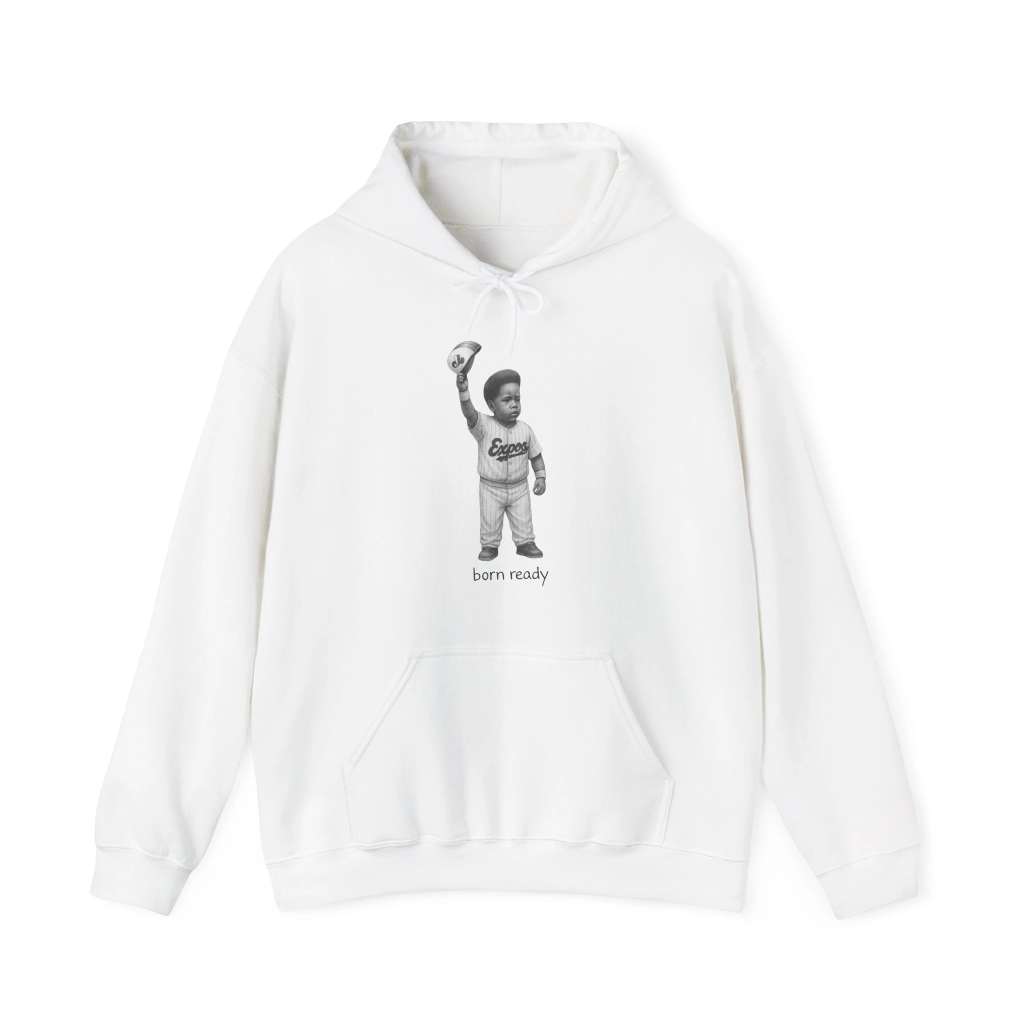 White hoodie with front pocket, featuring a black-and-white graphic of a young child in sportswear holding a ball overhead. Inspired by the Vladimir Guerrero Jr. Born Ready Shirt, "born ready" text is printed below the image. White hoodie with front pocket, featuring a black-and-white graphic of a young child in sportswear holding a ball overhead. Inspired by the Vladimir Guerrero Jr. Born Ready Shirt, "born ready" text is printed below the image.