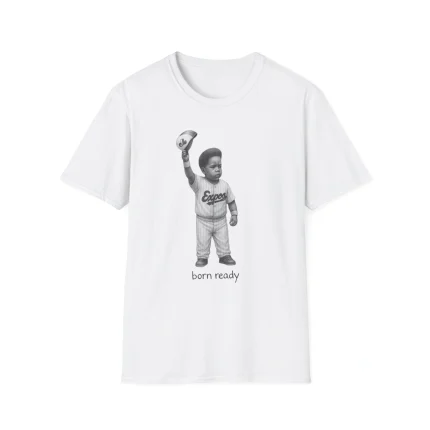 White t-shirt with a black and white illustration of a young child in a baseball uniform holding up a cap. Features "born ready" below the image. Perfect for fans of the Baby Vladdy Born Ready Shirt.