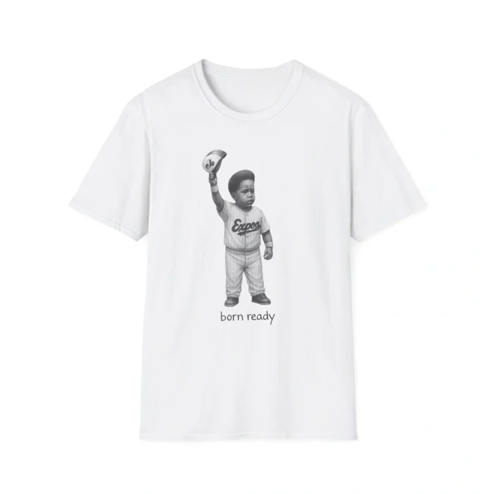 White T-shirt featuring a black and white illustration of a young Vladimir Guerrero Jr. in an Expos uniform, holding his cap up. Inspired by the Alex Ovechkin Rapping Shirt, with "born ready" text below.