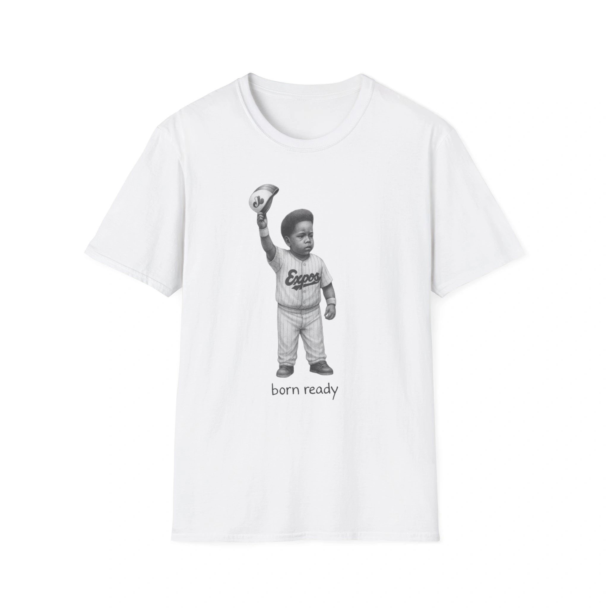 White T-shirt featuring a black and white illustration of a young Vladimir Guerrero Jr. in an Expos uniform, holding his cap up. Inspired by the Alex Ovechkin Rapping Shirt, with "born ready" text below. White T-shirt featuring a black and white illustration of a young Vladimir Guerrero Jr. in an Expos uniform, holding his cap up. Inspired by the Alex Ovechkin Rapping Shirt, with "born ready" text below.
