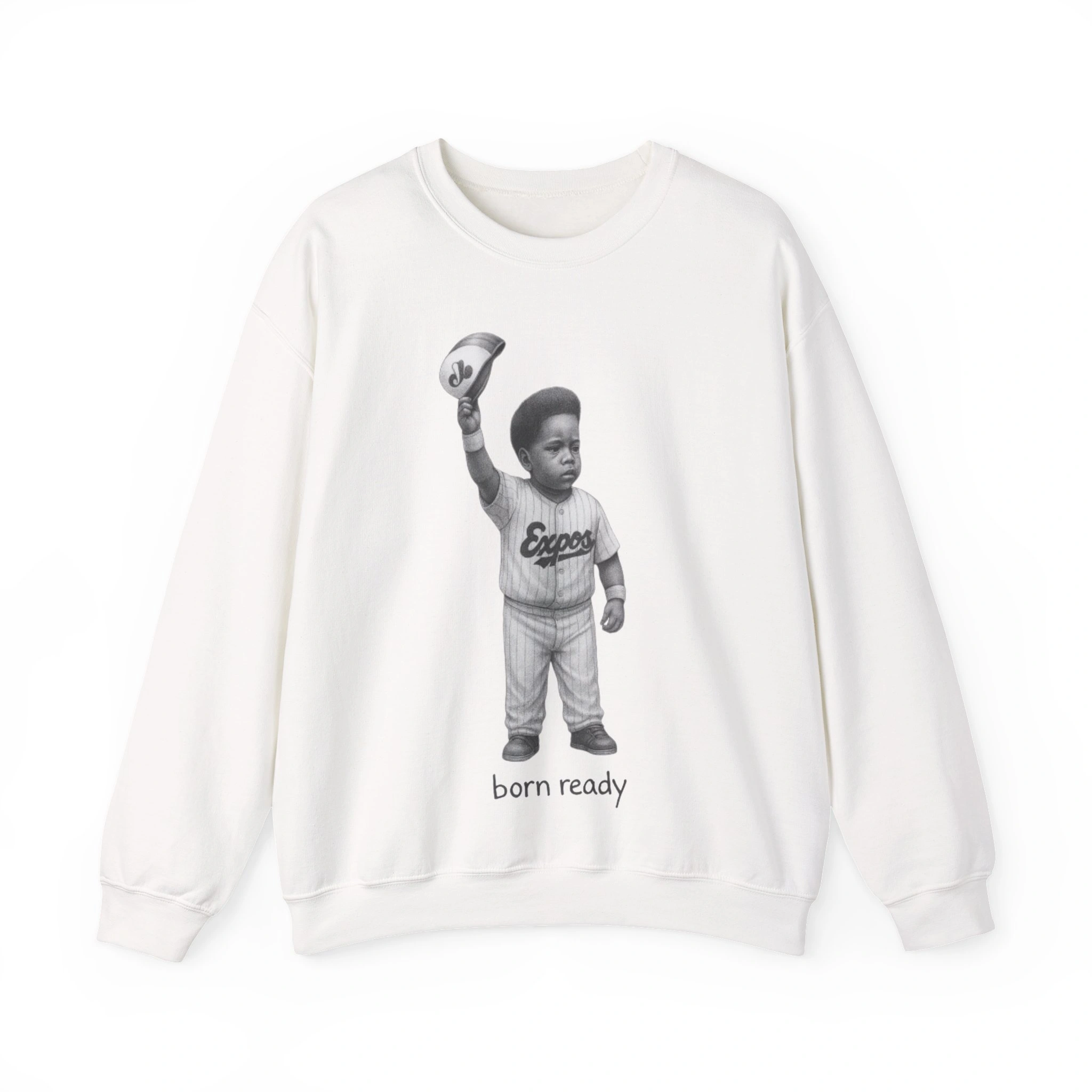 White sweatshirt with a black-and-white illustration of a young boy in an Expos uniform holding a cap, "born ready" belowβdesign inspired by the Alex Ovechkin Rapping Shirt. Product: Vladimir Guerrero Jr. Born Ready Shirt. White sweatshirt with a black-and-white illustration of a young boy in an Expos uniform holding a cap, "born ready" belowβdesign inspired by the Alex Ovechkin Rapping Shirt. Product: Vladimir Guerrero Jr. Born Ready Shirt.