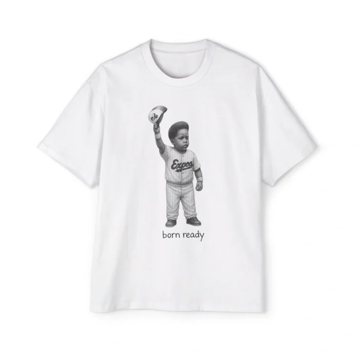 A white t-shirt featuring a black-and-white drawing of a young Vladimir Guerrero Jr. in an Expos uniform holding up a cap, with "born ready" text—perfect for fans of the Vladimir Guerrero Jr. Born Ready Shirt vibe.
