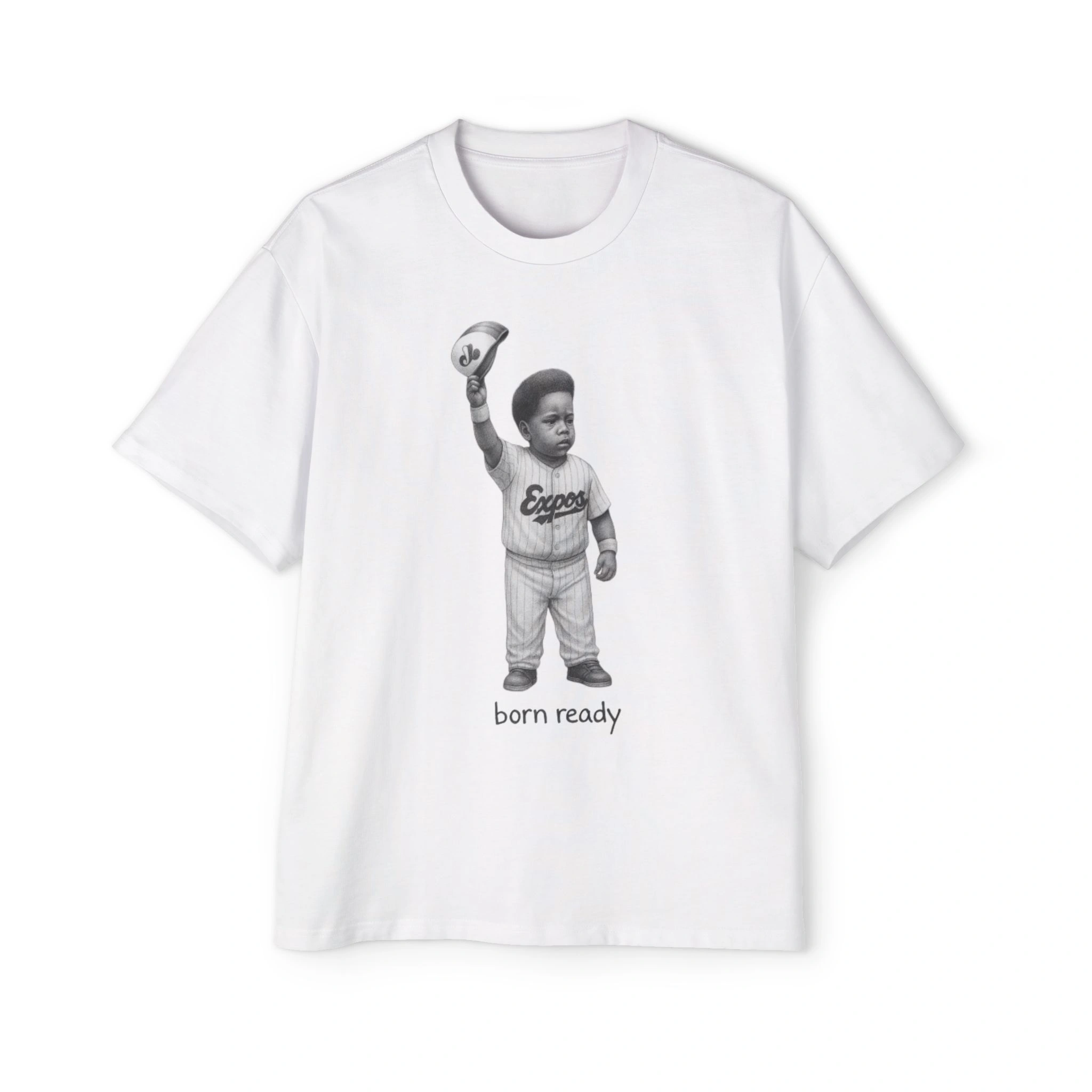A white t-shirt featuring a black-and-white drawing of a young Vladimir Guerrero Jr. in an Expos uniform holding up a cap, with "born ready" textβperfect for fans of the Vladimir Guerrero Jr. Born Ready Shirt vibe. A white t-shirt featuring a black-and-white drawing of a young Vladimir Guerrero Jr. in an Expos uniform holding up a cap, with "born ready" textβperfect for fans of the Vladimir Guerrero Jr. Born Ready Shirt vibe.