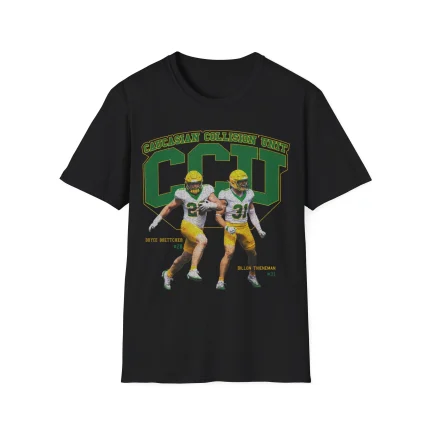 The Caucasian Collision Unit Shirt is a black tee with two football players in yellow uniforms, "Caucasian Collision Unit" above bold green and yellow CCU letters, player names, numbers, and "Hot Buffet Available All Day Shirt" design.