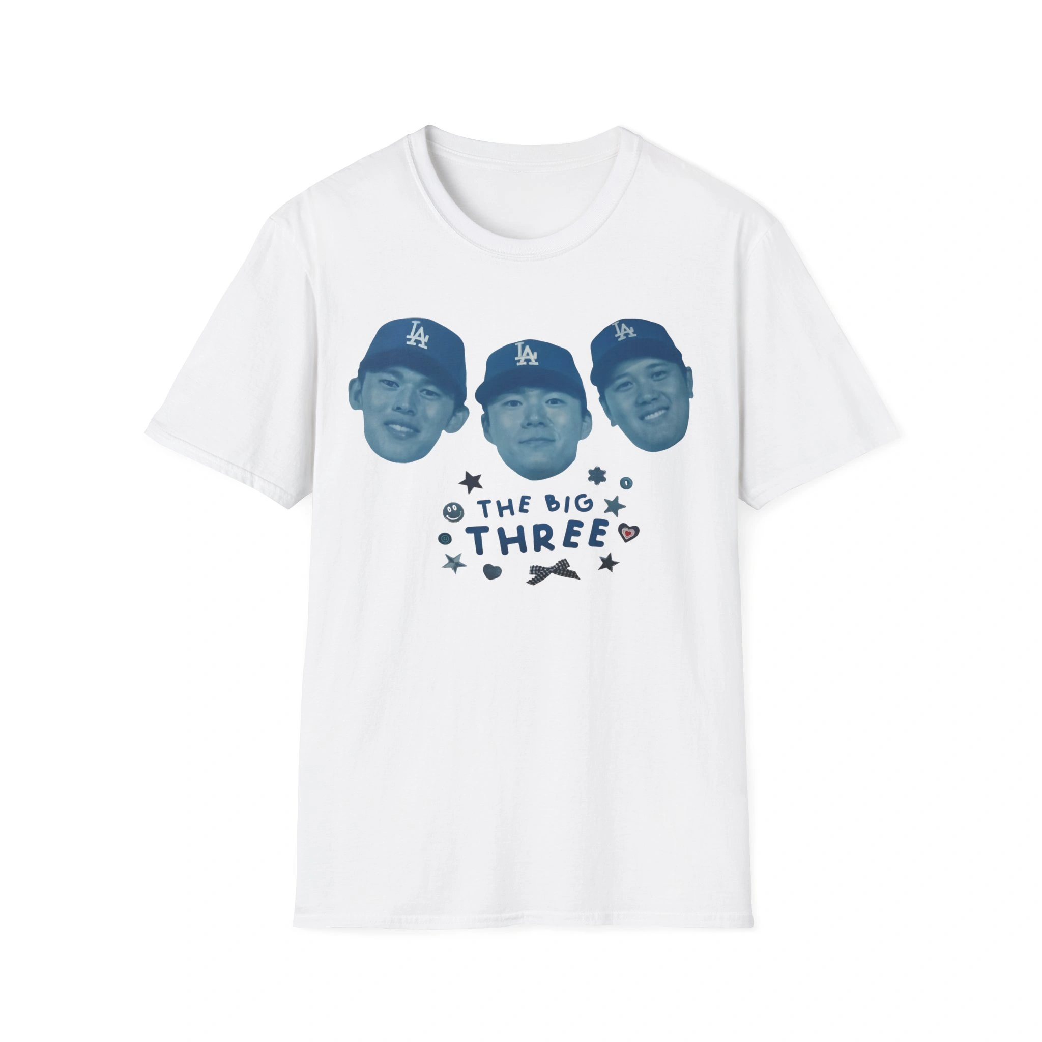 The Dodgers The Big Three Shirt showcases three blue-tinted faces in baseball caps above "THE BIG THREE," surrounded by stars, hearts, and a shoe—an essential for any Dodgers World Series 2025 Shirt collection. The Dodgers The Big Three Shirt showcases three blue-tinted faces in baseball caps above "THE BIG THREE," surrounded by stars, hearts, and a shoe—an essential for any Dodgers World Series 2025 Shirt collection.